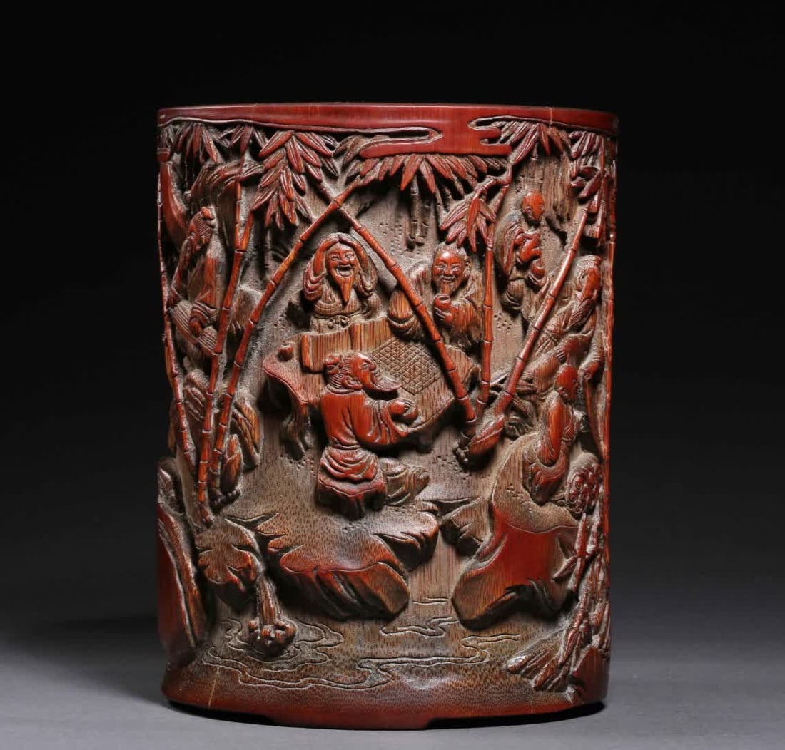 A Qing Dynasty bamboo carving piano, chess, calligraphy and painting of Gao Shi character picture (1 of 9)