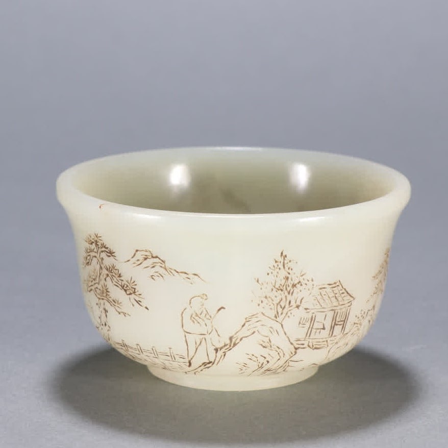 A poetry cup of Hetian jade character stories in the Qing Dynasty: Qing Dynasty Hetian jade character story poetry cup SIZE: H:4.5cm W:7.9cm W:90.7g (The Dimensions Of All Batches Are Manually Measured.If You Need More Detailed Information, Please Contact Our Custome