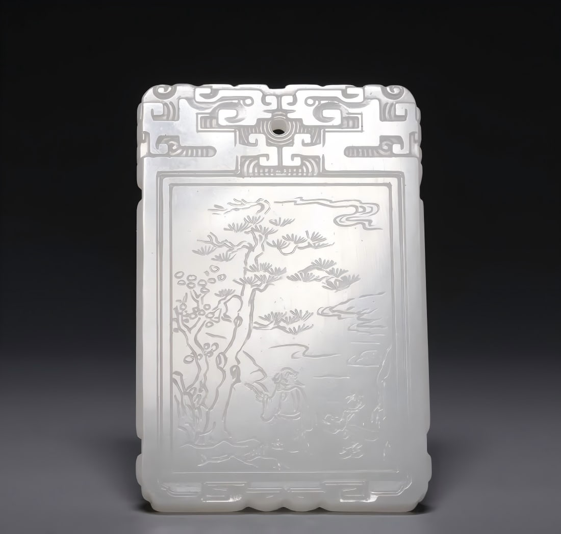 A Qing Dynasty Hetian white jade Matsushita Gaoshi poetry plaque: Qing Dynasty Hetian white jade Panasonic Gaoshi poetry card Hetian white jade is made of warm and thick material, the materials are exquisite, and the edges are rounded and delicate. The front is bas-
