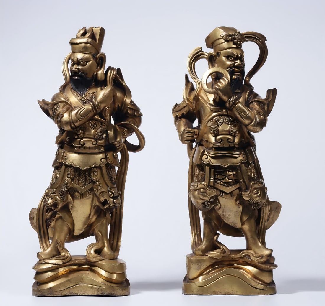 A pair of Qing Dynasty bronze gilt gate god statues (1 of 9)