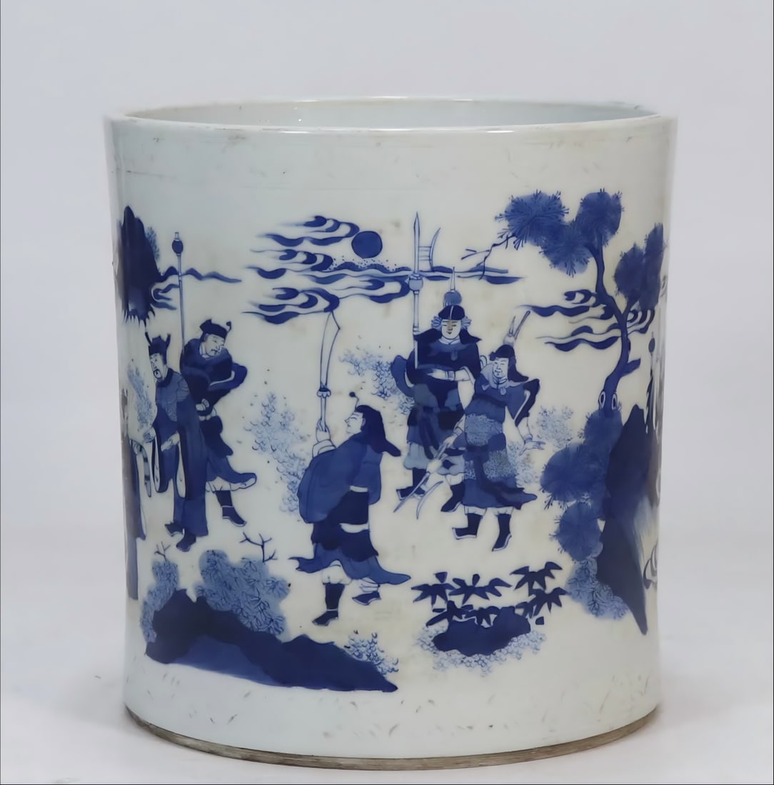 A Ming Dynasty Chongzhen blue and white character story picture pen holder (1 of 8)