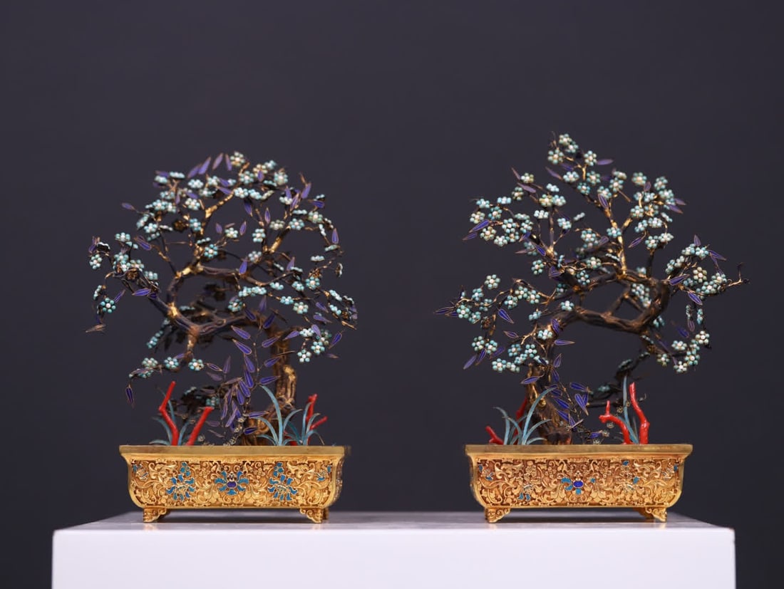 A Qing Dynasty silver-gilt turquoise pearl bonsai (1 of 10)