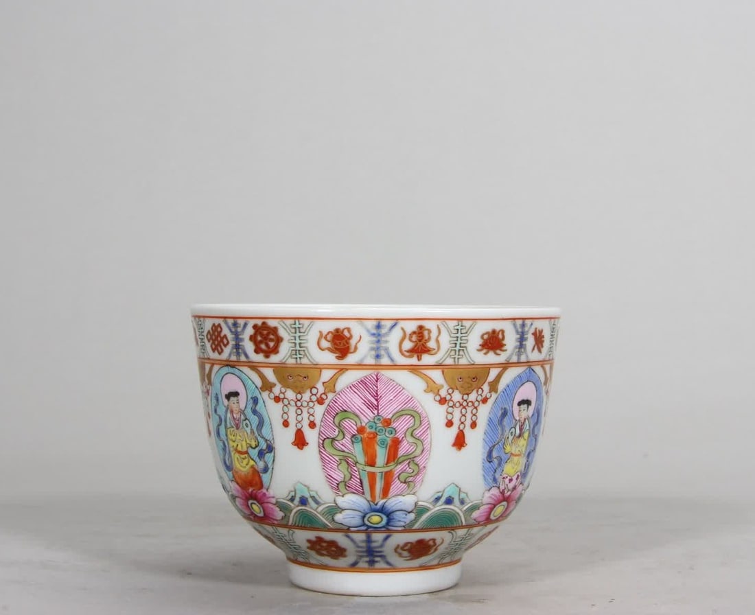 A Qing Dynasty Daoguang pastel seven treasures and eight treasures cup: Qing Dynasty Daoguang pastel seven treasures and eight treasures cup SIZE: H:6.8cm MouthD:9.3cm (The Dimensions Of All Batches Are Manually Measured.If You Need More Detailed Information, Please Conta