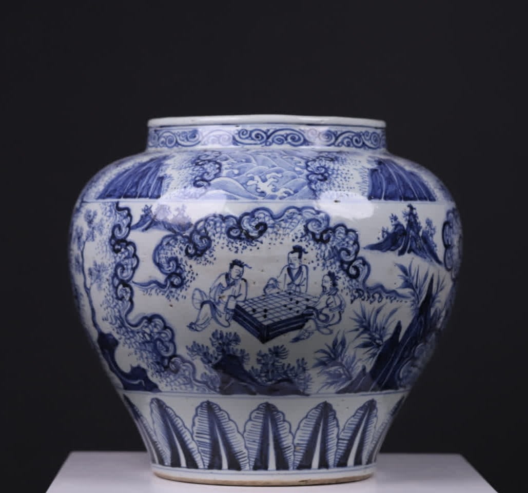 A Ming Dynasty blue and white character story jar: Ming Dynasty blue and white character story jar SIZE: H:33.5xD:36cm (The Dimensions Of All Batches Are Manually Measured.If You Need More Detailed Information, Please Contact Our Customer Service Befo