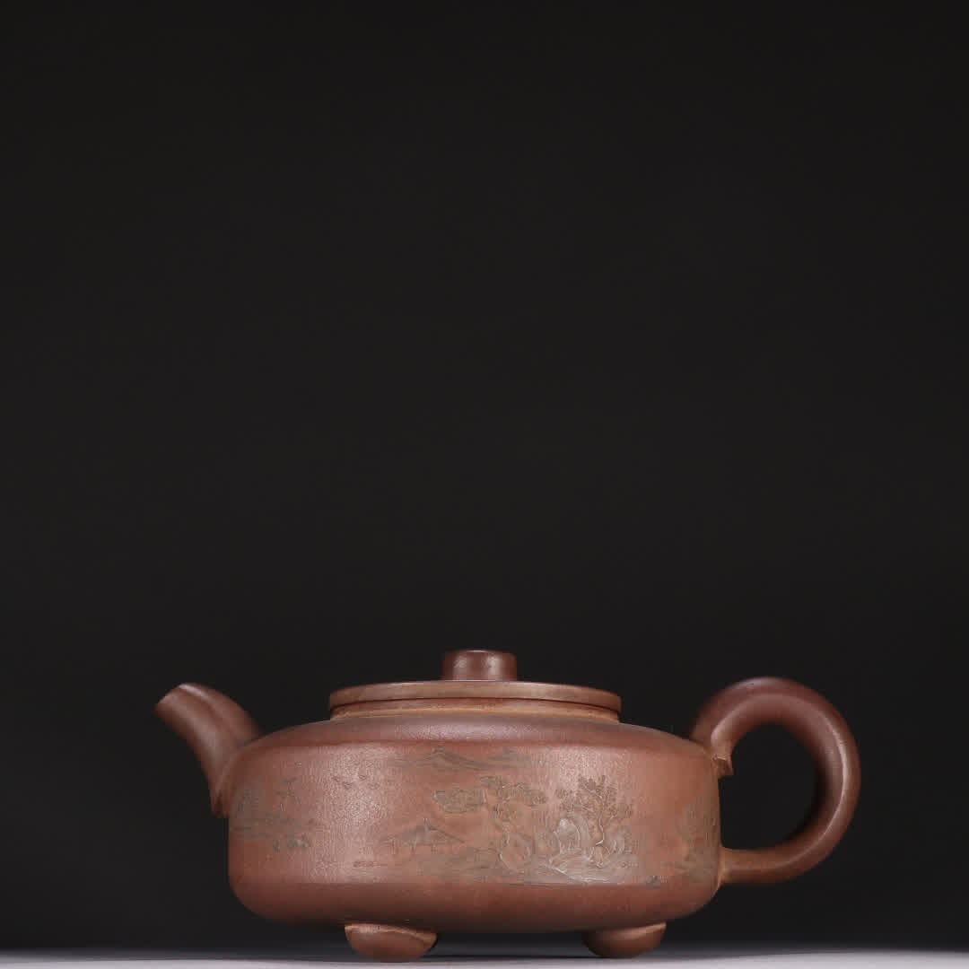 A famous purple sand landscape poetry teapot: Famous purple sand landscape poetry teapot SIZE: H:8cm W:18.5cm (The Dimensions Of All Batches Are Manually Measured.If You Need More Detailed Information, Please Contact Our Customer Service Before B