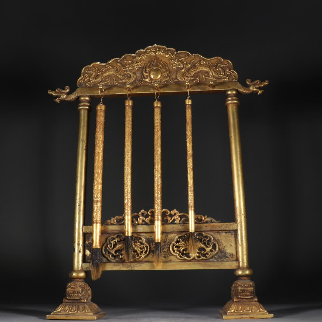 A set of Qing Dynasty copper gilt brush holders: A set of copper gilt brush holders in the Qing Dynasty SIZE: H:41cm W:33.5cm W:3310g (The Dimensions Of All Batches Are Manually Measured.If You Need More Detailed Information, Please Contact Our Cust