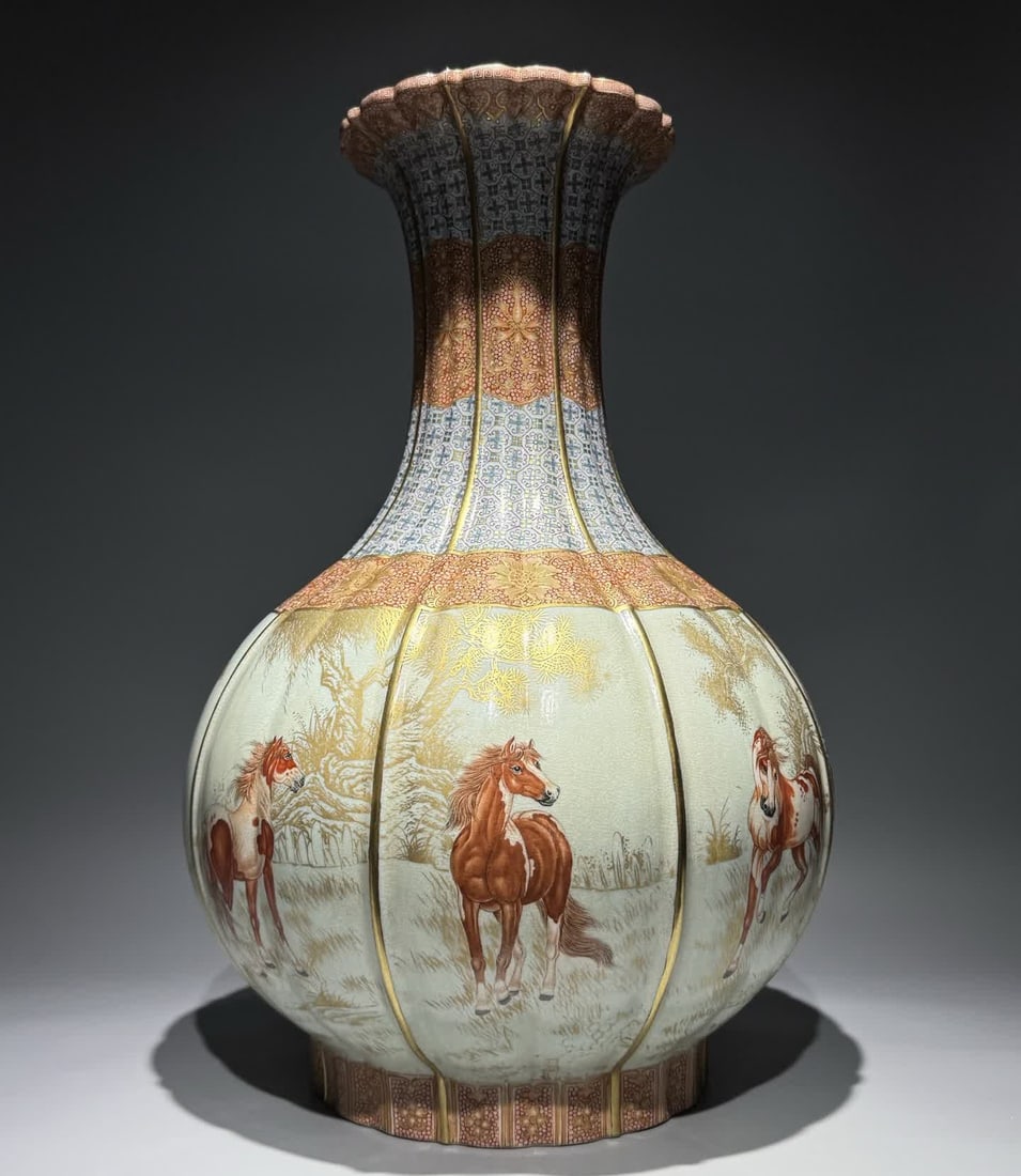 A Qing Dynasty Qianlong model enamel color eight horse picture melon ling appreciation bottle (1 of 9)
