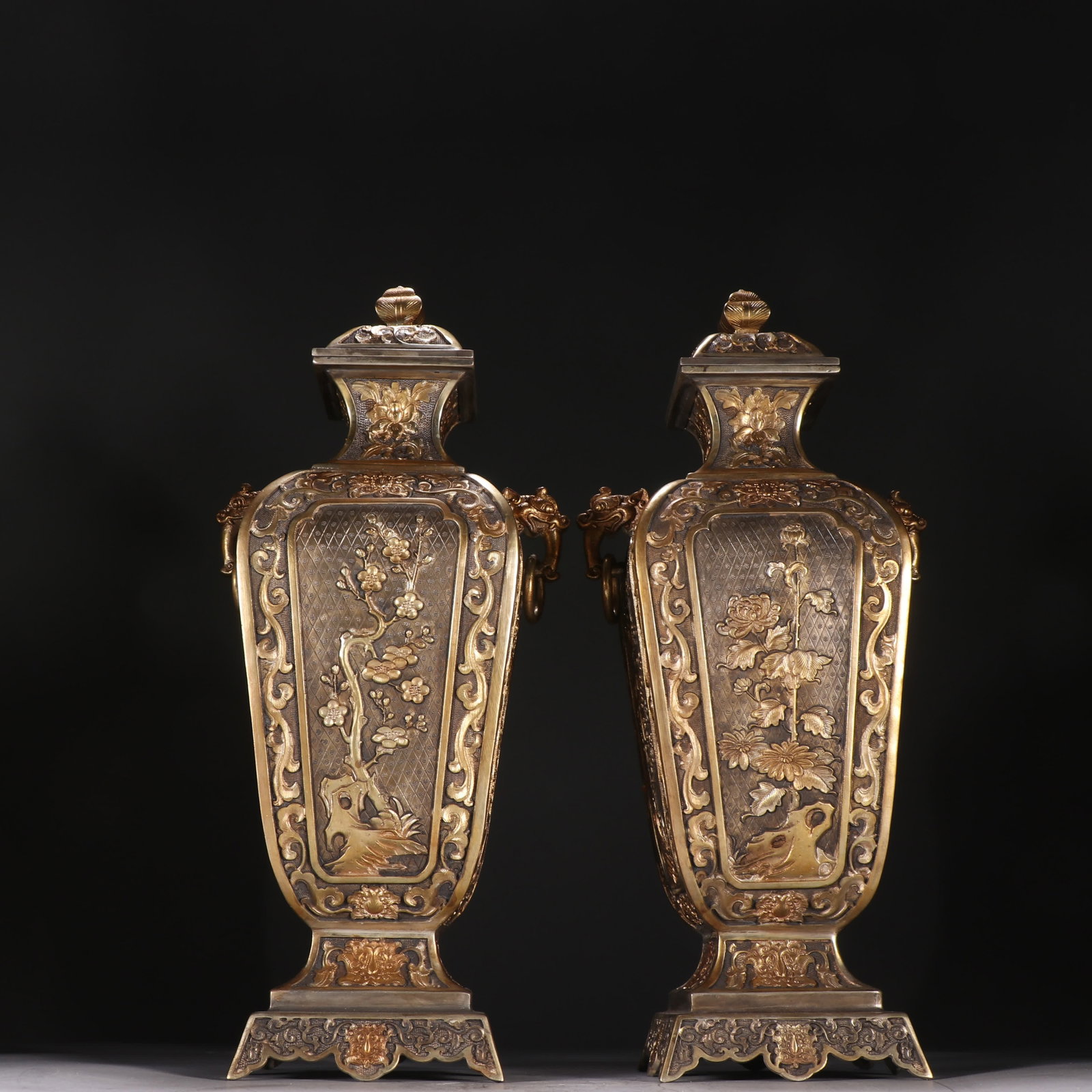 A pair of Qing Dynasty copper-gilt gilt silver plum orchid bamboo chrysanthemum pattern double-eared (1 of 9)