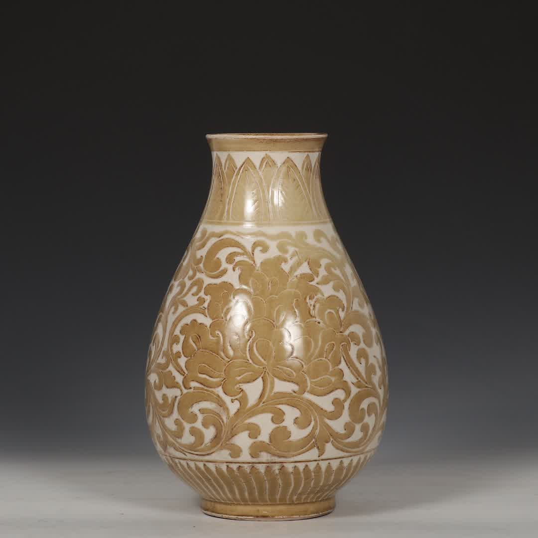 A Song Ding kiln brown color curly grass peony pattern gall bottle (1 of 9)