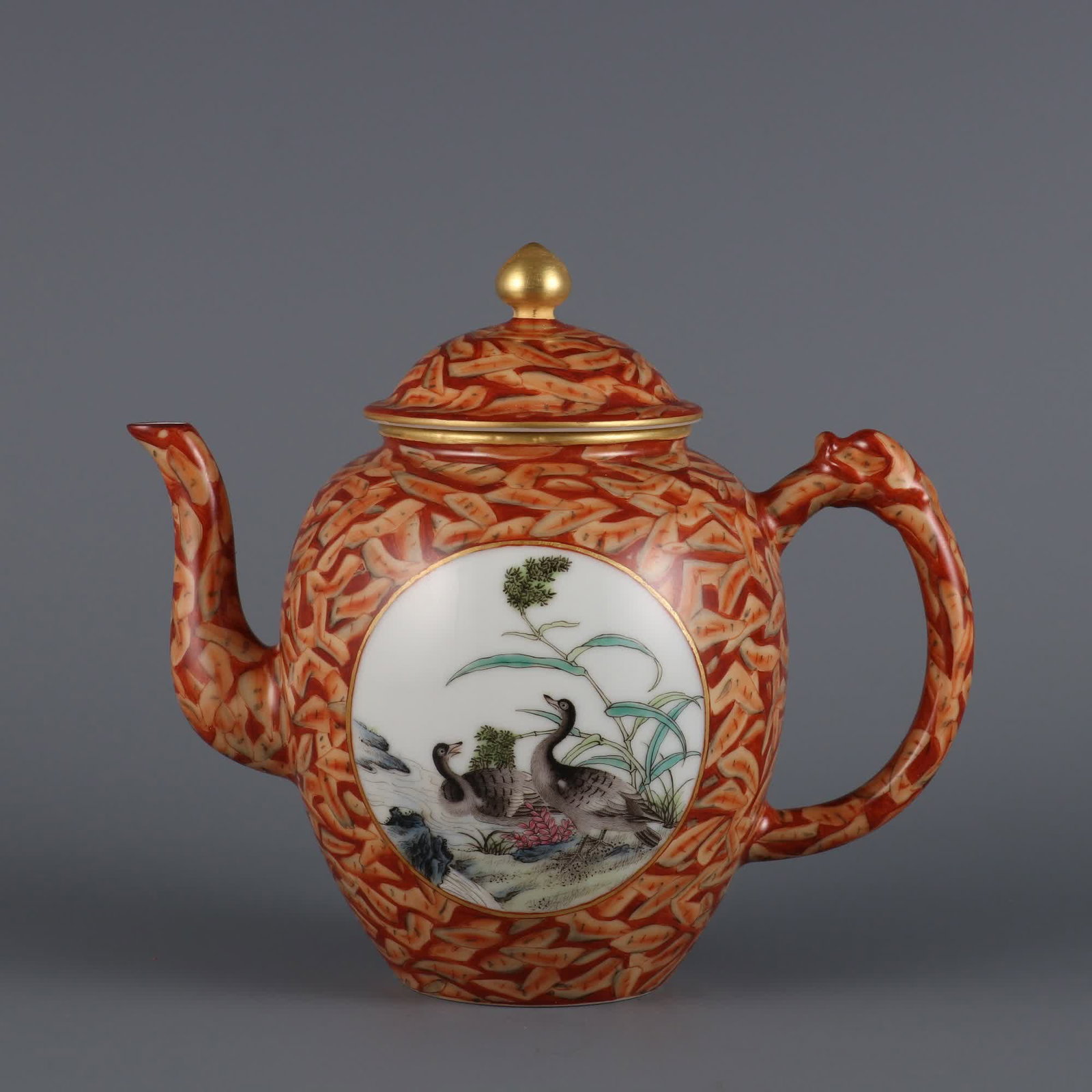 A Qing Dynasty Qianlong year stone pattern glazed window enamel colorful reed goose picture teapot: Qing Dynasty Qianlong year stone pattern glazed window enamel colorful reed goose picture teapot SIZE: H:15cm MouthD:6.2cm (The Dimensions Of All Batches Are Manually Measured.If You Need More Detaile