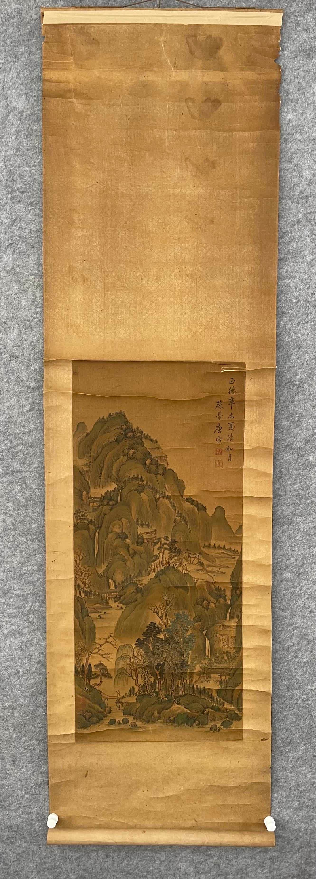 A landscape painting of Tang Yin: Tang Yin's landscape map SIZE: Painting core41.5x93cm (The Dimensions Of All Batches Are Manually Measured.If You Need More Detailed Information, Please Contact Our Customer Service Before Bidding.)