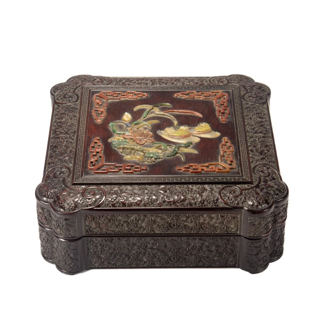 A Qing Dynasty rosewood inlaid treasure square lid box (1 of 8)