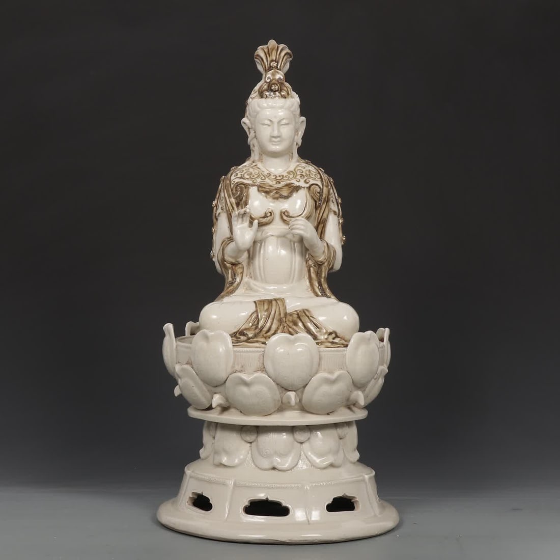 A Song Ding kiln brown color curly grass pattern large Guanyin lotus seated statue (1 of 9)
