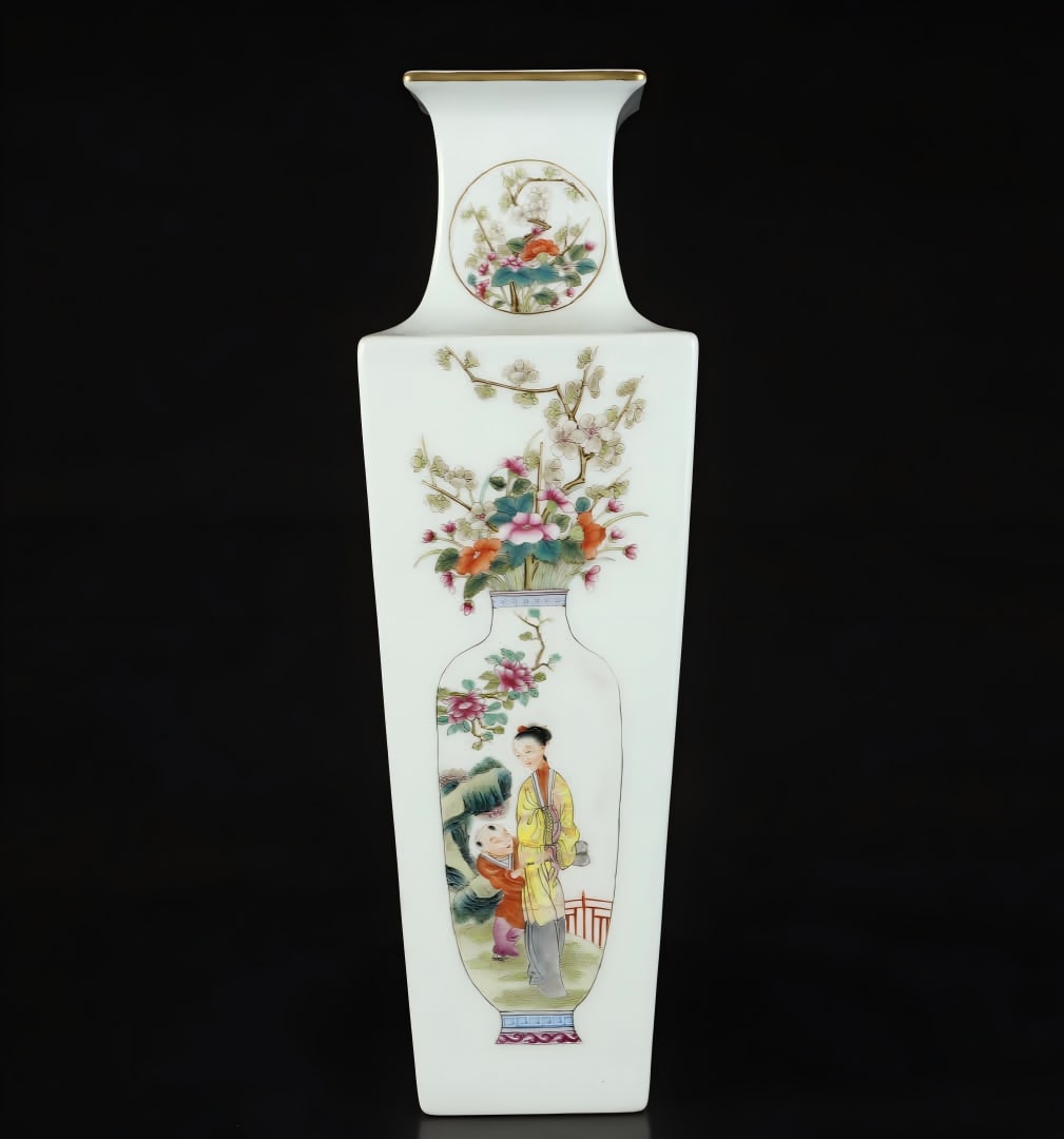 A Qing Dynasty duck blue glazed white background enamel color square bottle: Qing Dynasty duck blue glazed white background enamel color square bottle SIZE: H: 35cm Belly diameter 11cm (The Dimensions Of All Batches Are Manually Measured.If You Need More Detailed Information, 