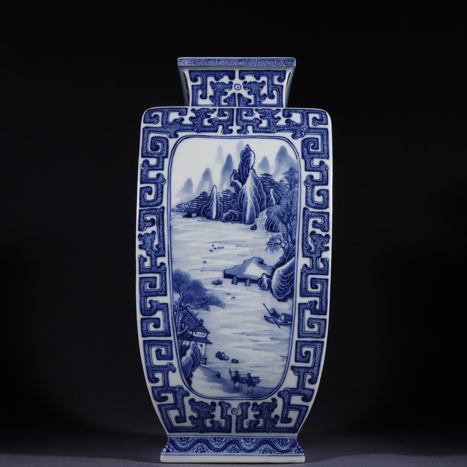 A Qing Dynasty Qianlong blue and white window landscape square bottle: Qing Dynasty Qianlong blue and white window landscape square bottle SIZE: H:38.5cm W:17.5cm (The Dimensions Of All Batches Are Manually Measured.If You Need More Detailed Information, Please Contact O