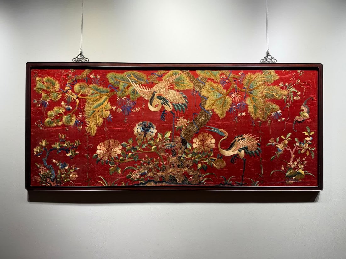 A Qing Dynasty fine Shu embroidered pine crane to prolong life (1 of 9)