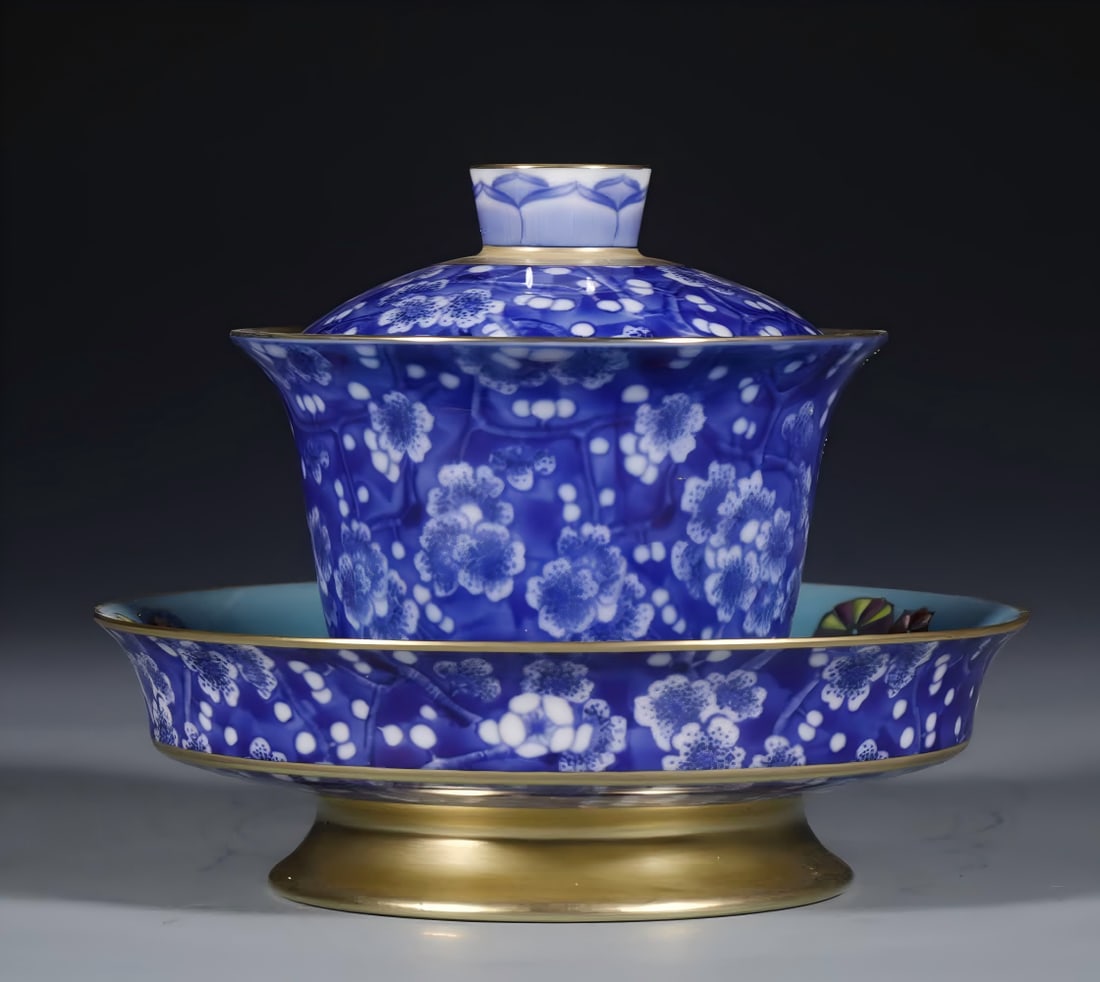 A Qing Dynasty Kangxi Qinghua Bao Jin Bingmei Sancai Gaiwan (1 of 9)