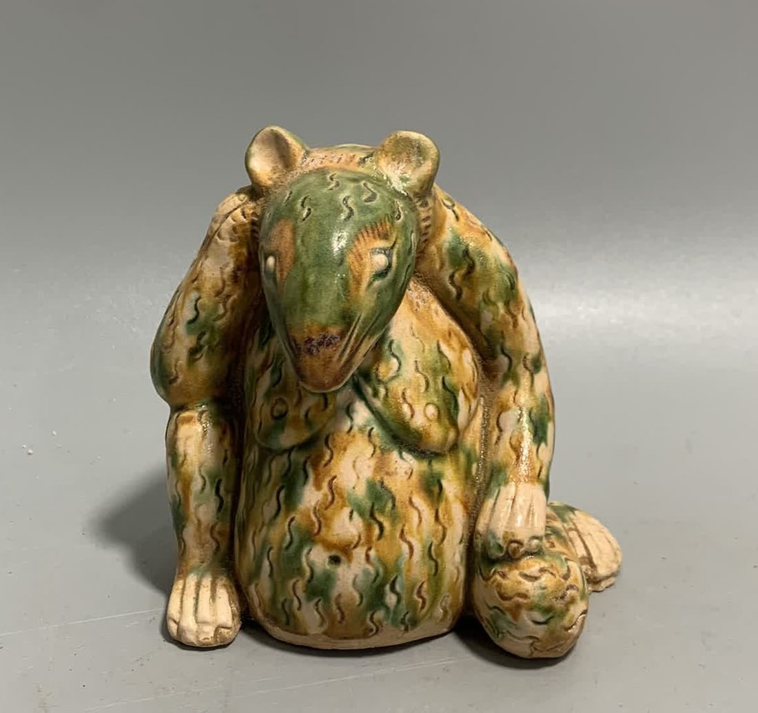 A Tang Sancai bear ornament: Tang Sancai bear ornament SIZE: H:11cm W:9cm (The Dimensions Of All Batches Are Manually Measured.If You Need More Detailed Information, Please Contact Our Customer Service Before Bidding.)