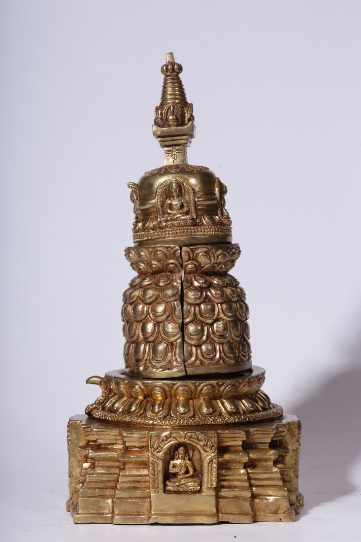 A Qing Dynasty copper-gilt Shakyamuni first turn Falun pagoda (1 of 7)
