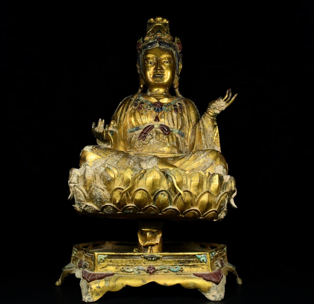 A copper-gilt seated lotus Guanyin Buddha (1 of 9)