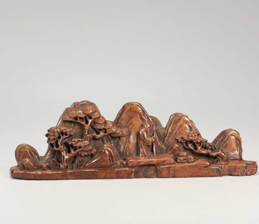 A Qing Dynasty Huanghuali carved landscape character tattoo pen mountain: Qing Dynasty Huanghuali carved landscape character tattoo pen mountain SIZE: H:7cm L:22.5cm W:4cm W:213.5g (The Dimensions Of All Batches Are Manually Measured.If You Need More Detailed Information, P
