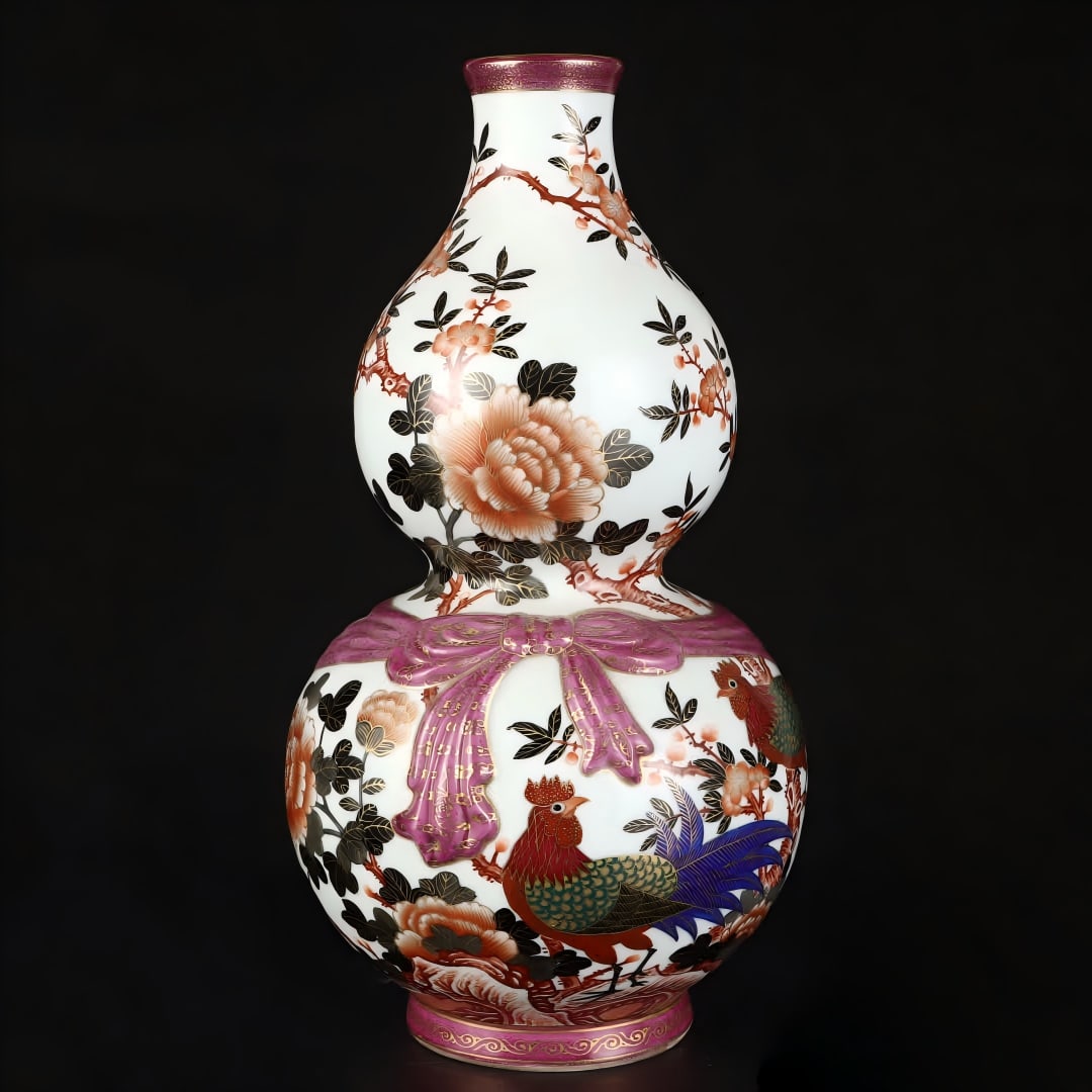A Qing Dynasty agate red flower and bird gold-painted gourd bottle: Qing Dynasty agate red flower bird gold-painted gourd bottle SIZE: H: 31.7cm Belly diameter 17.5cm (The Dimensions Of All Batches Are Manually Measured.If You Need More Detailed Information, Please Co