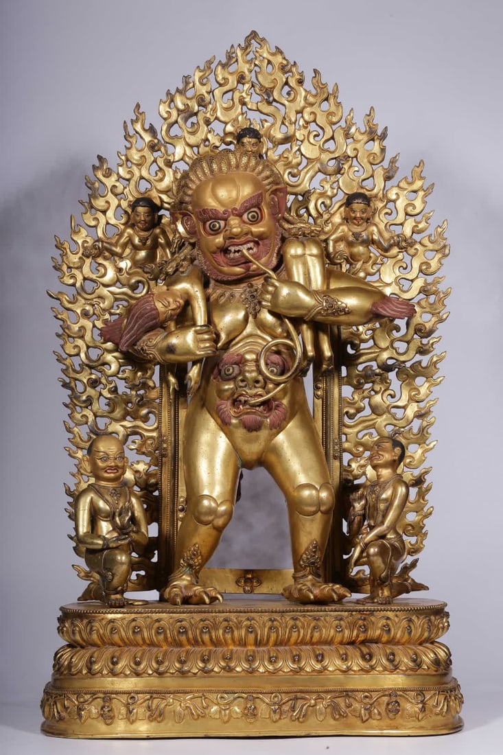 A Ming Dynasty bronze gilt statue of the big black sky: Ming Dynasty copper gilt large black sky statue SIZE: H:66.5cm L:39cm W:20cm W:25.1kg (The Dimensions Of All Batches Are Manually Measured.If You Need More Detailed Information, Please Contact Our Cus