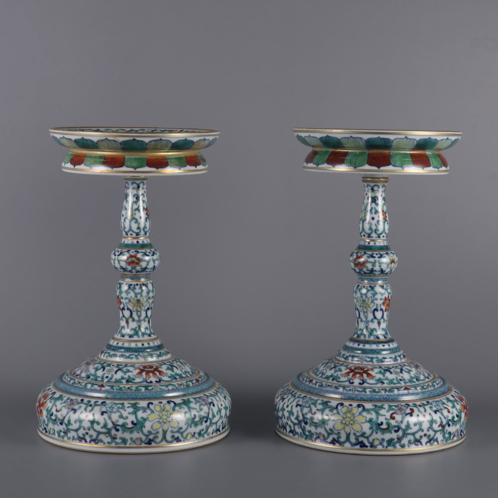 A Qing Dynasty Qianlong year Doucai entwined lotus tall candlestick (1 of 10)