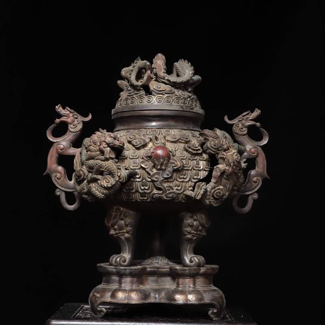 A Qing Dynasty copper-gilt nine-dragon incense burner: Qing Dynasty copper gilt nine dragon incense burner SIZE: H: 55cm with base W: 45cm MouthD: 17cm W: 18.3kg (The Dimensions Of All Batches Are Manually Measured.If You Need More Detailed Information, P