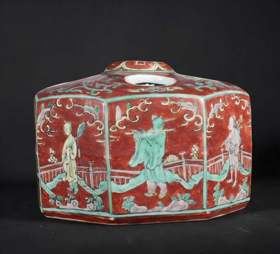 A water bowl of the Eight Immortals of the Red Land of the Ming Dynasty: The Eight Immortals of the Ming Dynasty Wanli Red Land Water Bowl SIZE: H:11cm D:17cm (The Dimensions Of All Batches Are Manually Measured.If You Need More Detailed Information, Please Contact Our