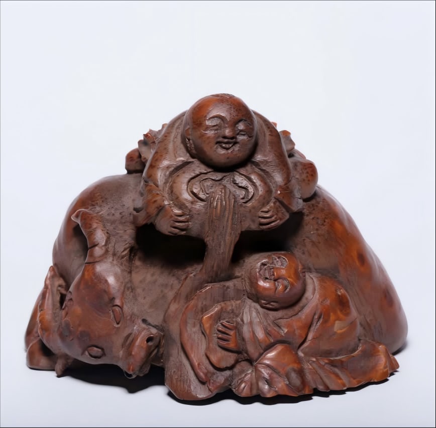 A Qing Dynasty bamboo carving boy herding cattle ornament (1 of 7)