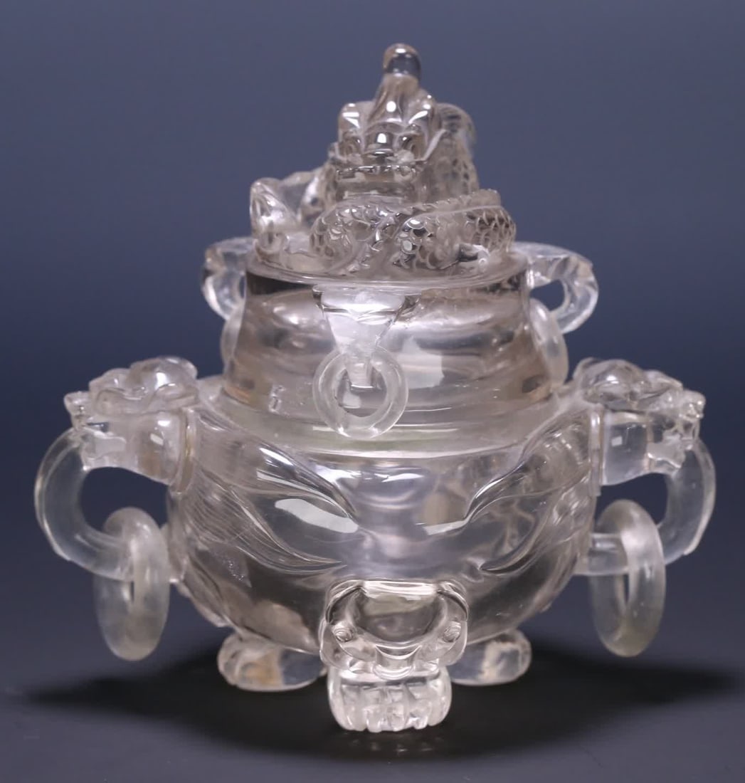 A Qing Dynasty natural crystal dragon button beast ear holding ring incense burner: Qing Dynasty natural crystal dragon button beast ear holding living ring incense burner SIZE: 14x14.4x9.9cm W:877.5g (The Dimensions Of All Batches Are Manually Measured.If You Need More Detailed