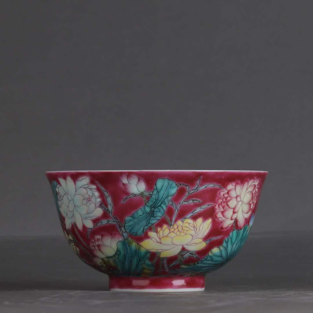 A Qing Dynasty Kangxi imperial enamel carmine red ground poppy bowl (1 of 9)
