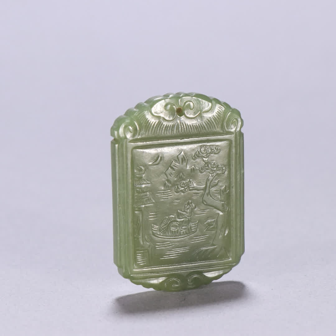 A Qing Dynasty Hetian green jade landscape character card: Qing Dynasty Hetian green jade landscape character card SIZE: H:5cm W:3.4cm W:26.5g (The Dimensions Of All Batches Are Manually Measured.If You Need More Detailed Information, Please Contact Our Custo
