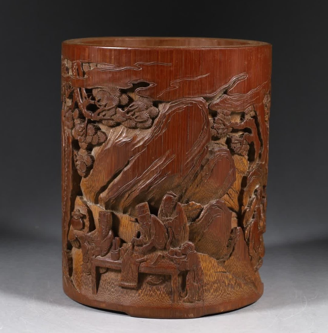 A Qing Dynasty bamboo carving landscape scenery character story poetry pen holder (1 of 9)