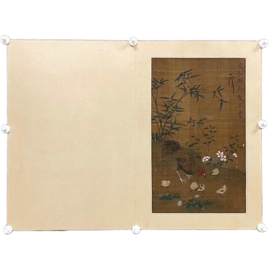 A sketch folding fan by Song Huizong Zhao Ji: Song Huizong Zhao Ji's sketch folding fan SIZE: Painting core38x23cm Overall 62x46cm (The Dimensions Of All Batches Are Manually Measured.If You Need More Detailed Information, Please Contact Our Cust