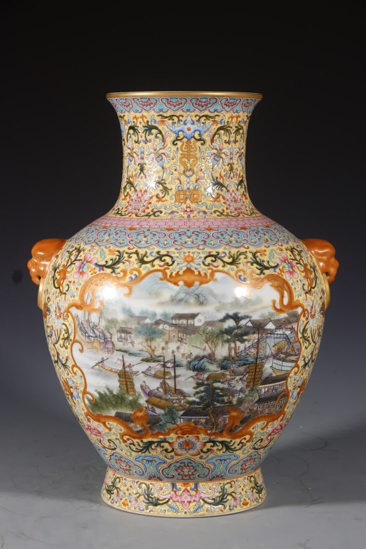 A picture of the Qing Dynasty Qianlong Huangdigou anchovy lion's head opening window Qing Dynasty: Qing Dynasty Qianlong Huangdi Ditch Anchovy Lion's Head Open Window Qing Dynasty Ming Dynasty River Map SIZE: H: 36cm MouthD: 13.5cm Bottom diameter 15cm (The Dimensions Of All Batches Are Manually Me