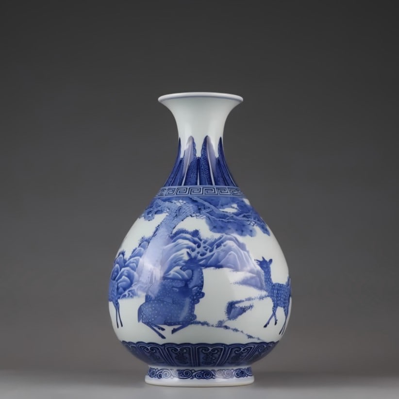 A Qing Dynasty Yongzheng blue and white deer pattern jade pot spring: Qing Dynasty Yongzheng blue and white deer pattern jade pot spring SIZE: H: 30.3cm Belly diameter 20cm (The Dimensions Of All Batches Are Manually Measured.If You Need More Detailed Information, Pleas