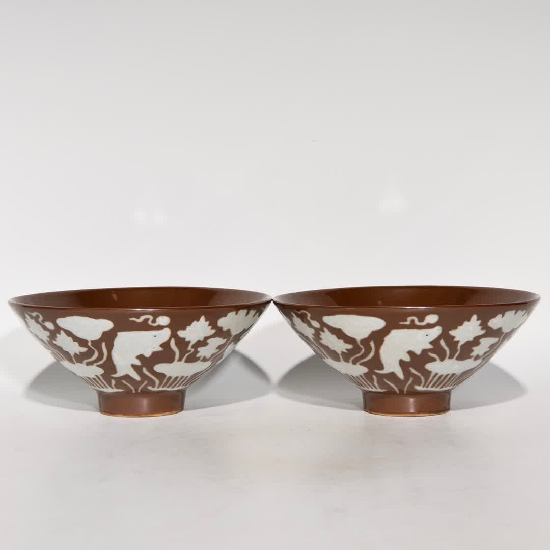 A Ming Dynasty Xuande purple gold glazed white fish algae pattern hat bowl (1 of 9)