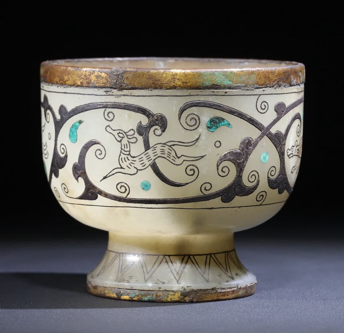A Qing Dynasty Hetian jade silver gilt inlaid goblet (1 of 9)