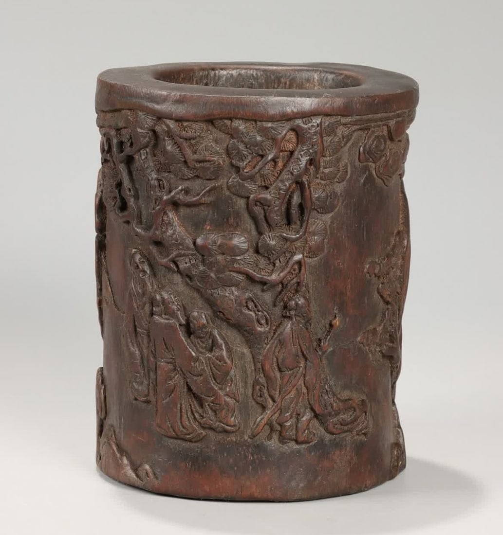 A Qing Dynasty Qinan agarwood carved landscape character elegant collection pen holder: Qing Dynasty Qinan agarwood carved landscape character elegant collection pen holder SIZE: H:14.3cm W:11cm W:337.5g (The Dimensions Of All Batches Are Manually Measured.If You Need More Detailed Infor