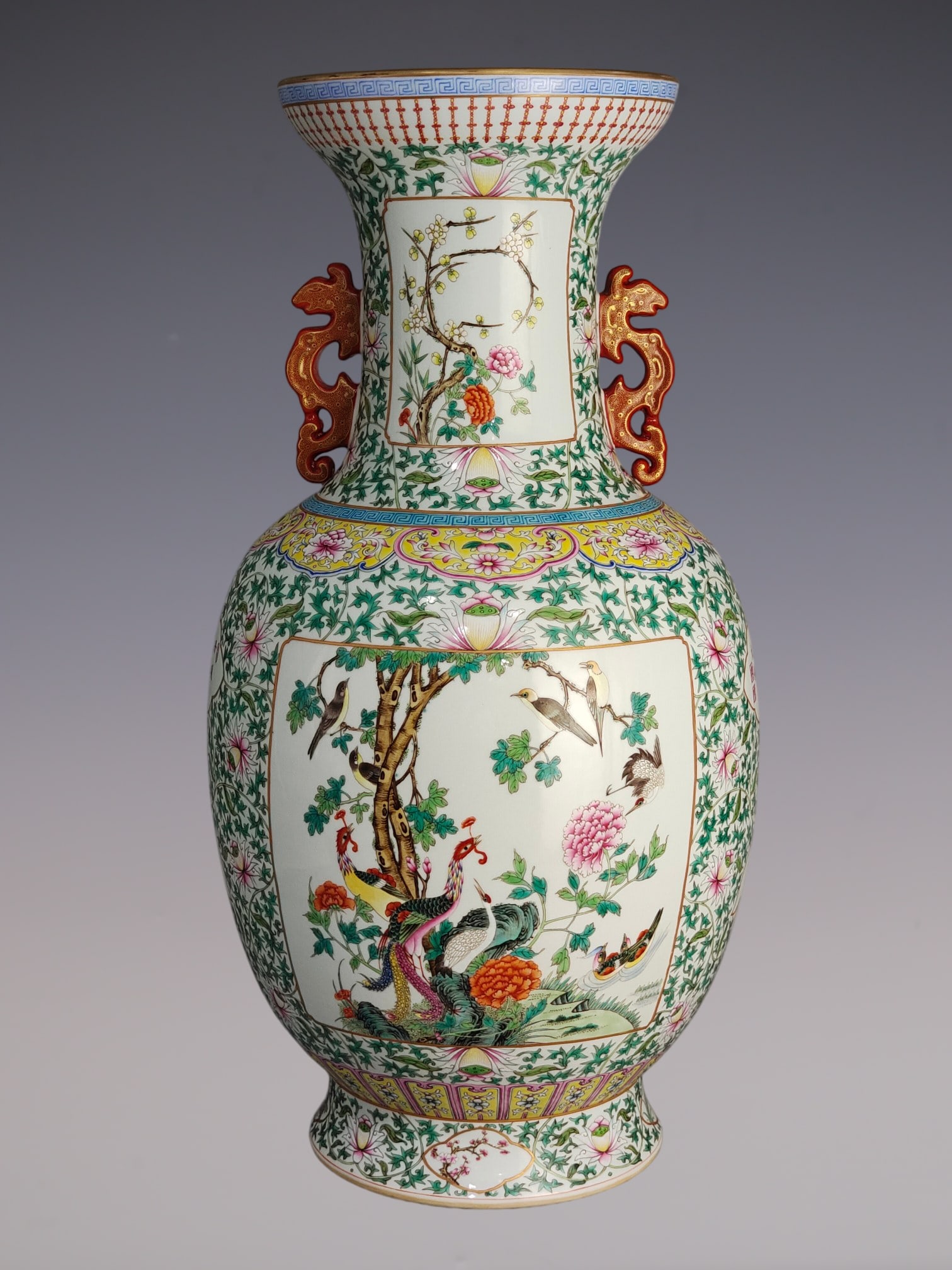 An Exquisite Famille-Rose Lotus Pattern Flower and Bird Pattern with poem Double-Ears Vase: An Exquisite Famille-Rose Lotus Pattern Flower and Bird Pattern with poem Double-Ears Vase Qing Dynasty, China Qianlong Six-character Mark Size:59cmx30cm (The Dimensions Of All Batches Are Manually Me