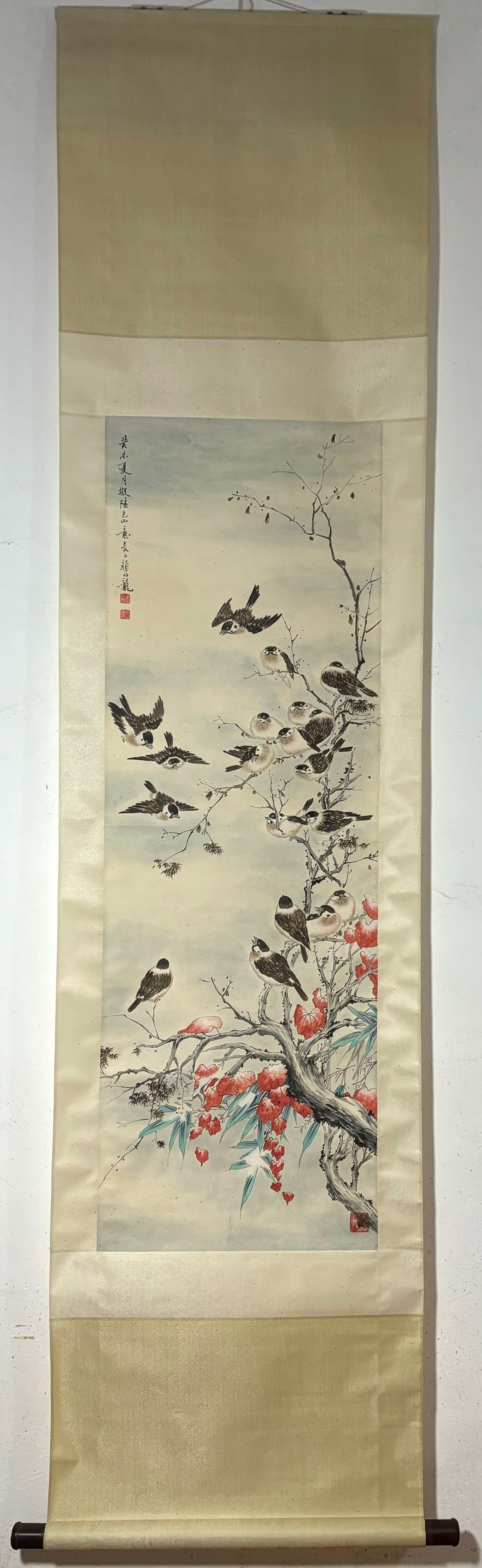 A Chinese Vertical Scroll Ink Painting of Flower and Bird on Paper: A Chinese Vertical Scroll Ink Painting of Flower and Bird on Paper Yan bolong Without frame Size:121cmx41cm (The Dimensions Of All Batches Are Manually Measured.If You Need More Detailed Information, 