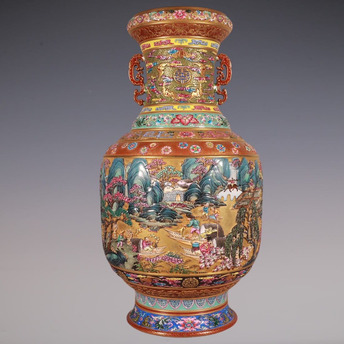 An Exquisite Enamel Bats and Peach Pattern Lotus Pattern Character and Story Pattern Double-Ears: An Exquisite Enamel Bats and Peach Pattern Lotus Pattern Character and Story Pattern Double-Ears Vase Qing Dynasty, China Qianlong Six-character Mark Size:40cmx21cm (The Dimensions Of All Batches Are 