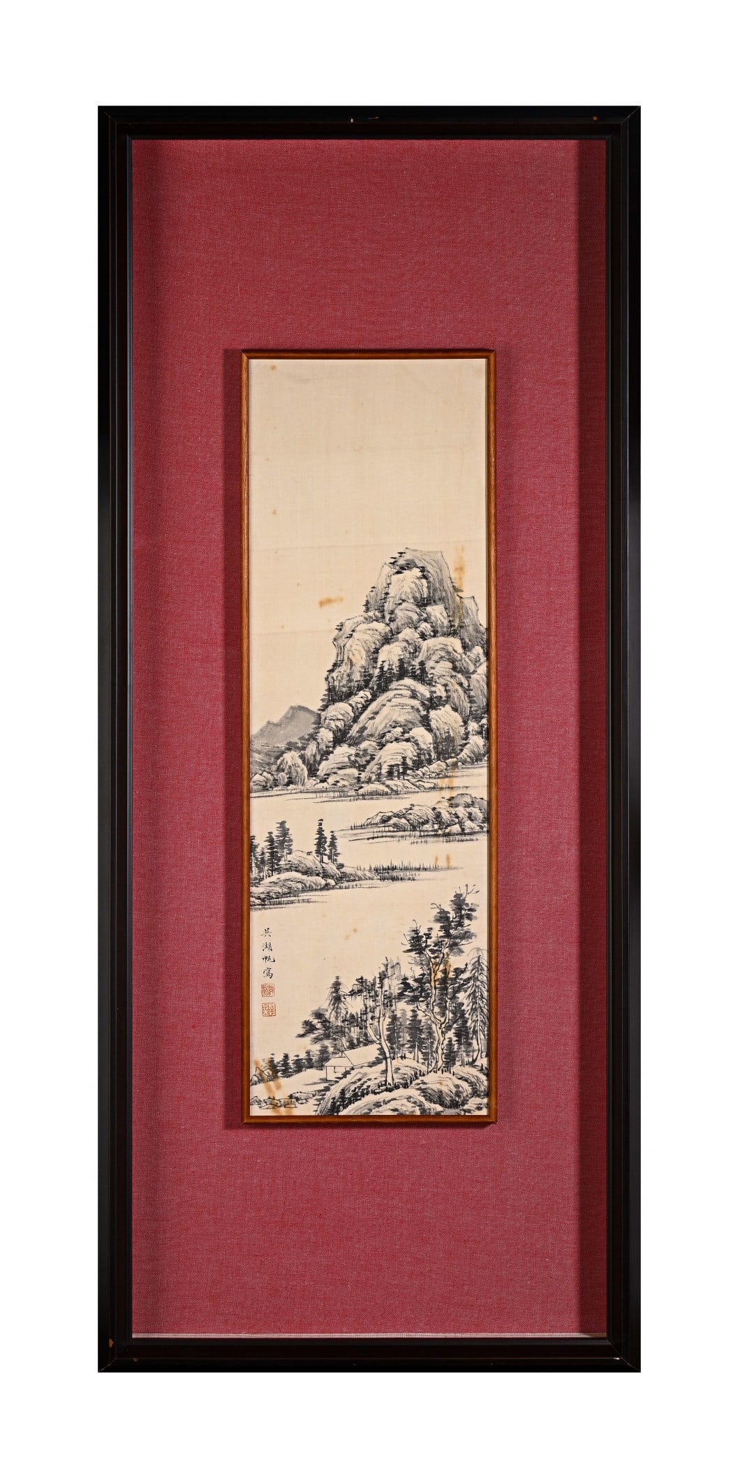 A Chinese Ink Painting of Landscape on Silk With Frame: A Chinese Ink Painting of Landscape on Silk With Frame Wu hufan Size:37cmx88cm Without frame Size:17cmx53cm (The Dimensions Of All Batches Are Manually Measured.If You Need More Detailed Information, 