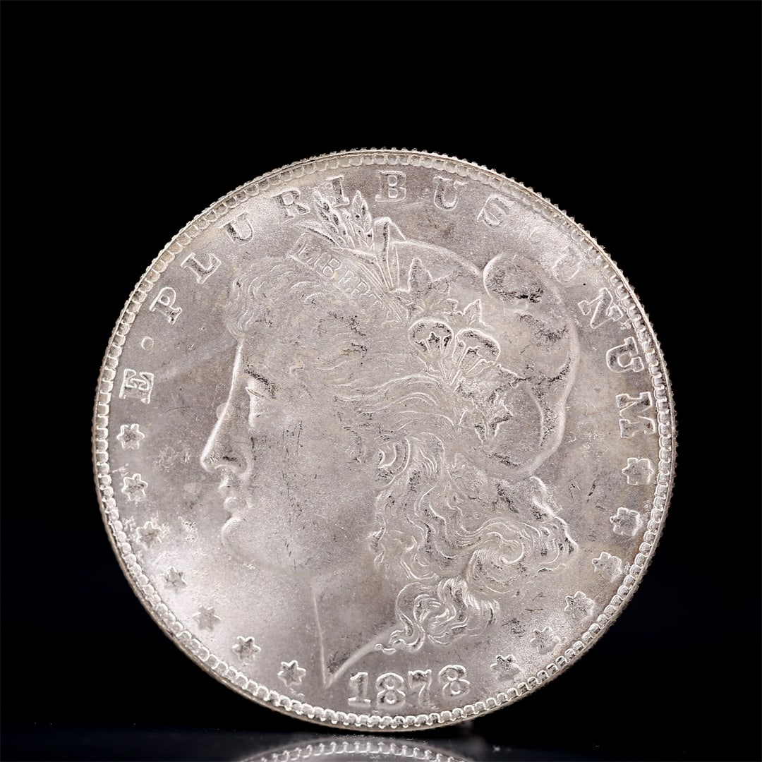 USA Morgan Dollar 1878 Coin: Obv: profile bust with date below and E PLURIBUS UNUM legend and stars around. Rev: eagle with In God we trust above within wreath with UNITED STATES OF AMERICA ONE DOLLAR legend. IN GOD WE TRUST / LI