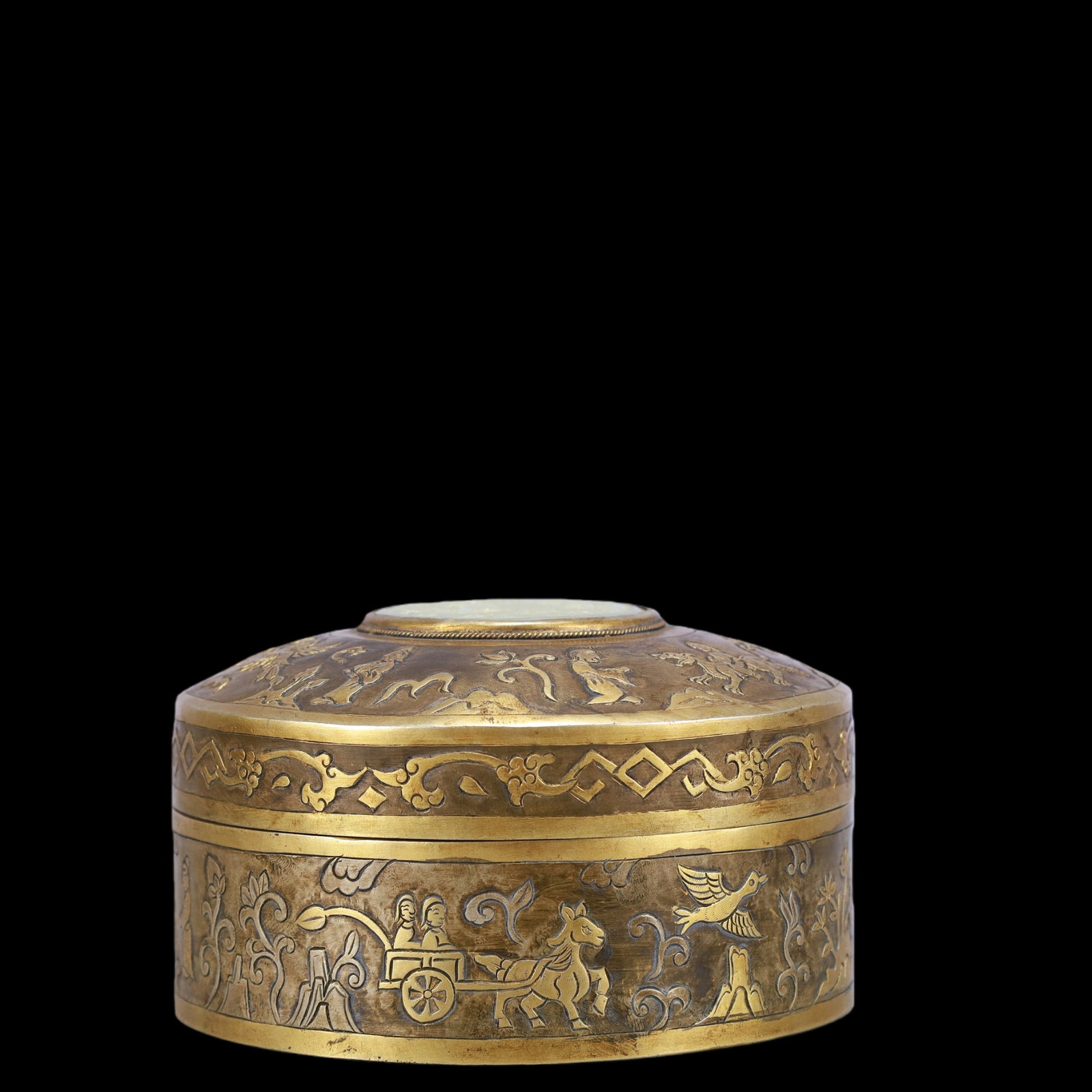 A Exquisite Gilt Bronze Inlaid White Jade Flower and Bird Pattern Character and Story Pattern Box (1 of 6)