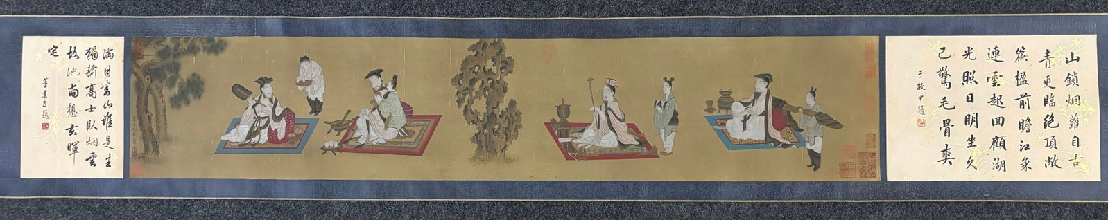A Chinese Hand Scroll Ink Painting of Character and Story on Silk: A Chinese Hand Scroll Ink Painting of Character and Story on Silk Qiu ying entirety Size:298cmx40.5cm Without frame Size:165.5cmx31.5cm (The Dimensions Of All Batches Are Manually Measured.If You Need