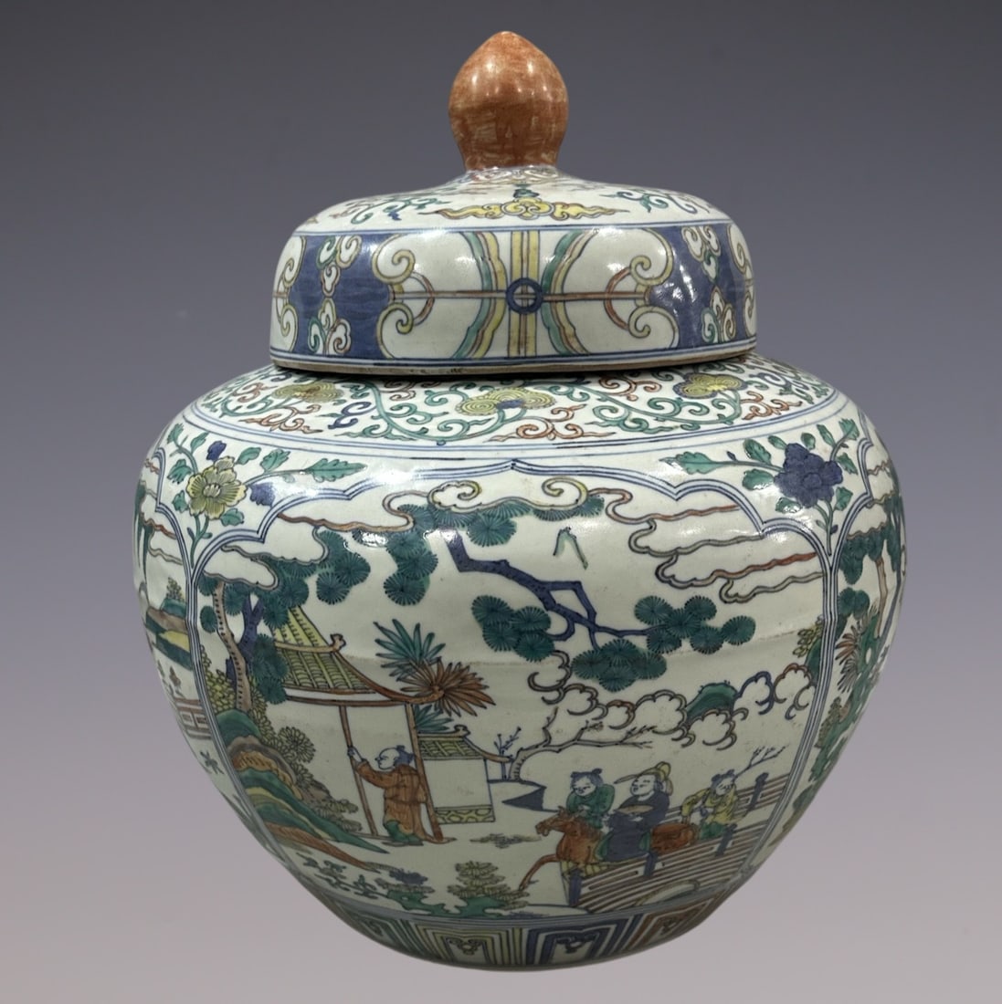 An Exquisite Wucai Blue and White Lotus Pattern Character and Story Pattern Jar (1 of 9)
