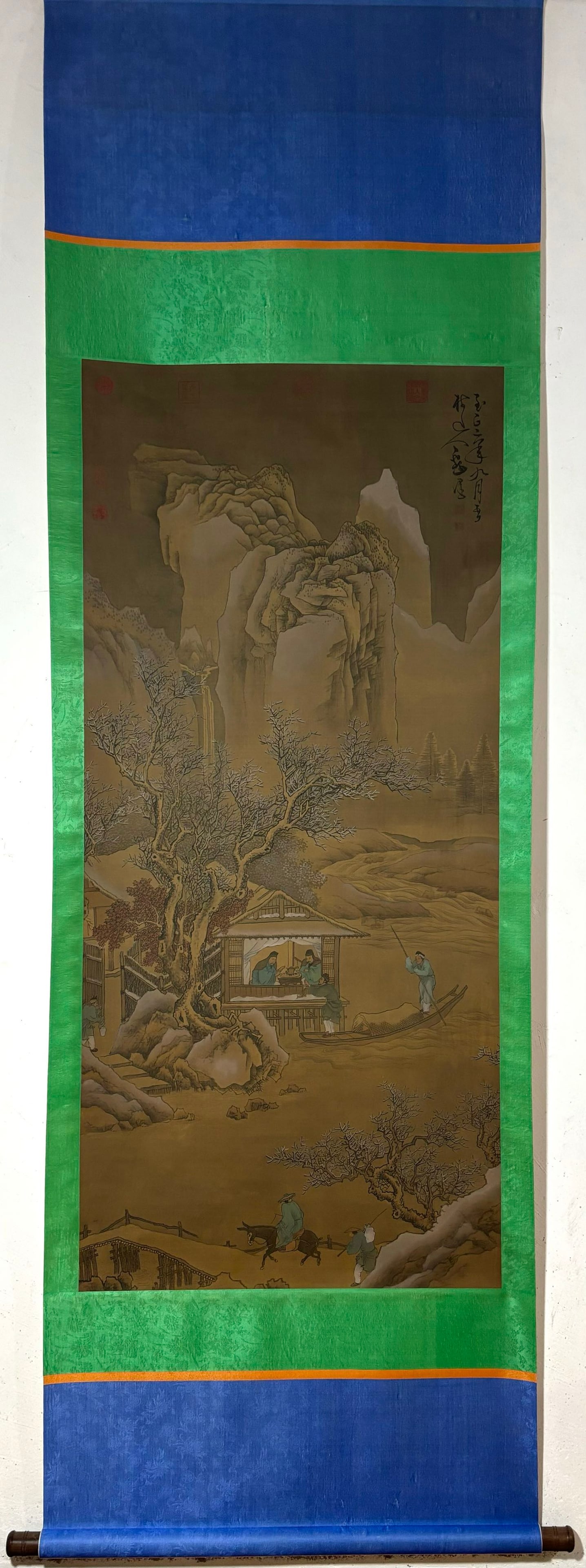 A Chinese Vertical Scroll Ink Painting of Landscape and Figure on Silk: A Chinese Vertical Scroll Ink Painting of Landscape and Figure on Silk Wu zhen Without frame Size:141cmx64.5cm (The Dimensions Of All Batches Are Manually Measured.If You Need More Detailed Informatio